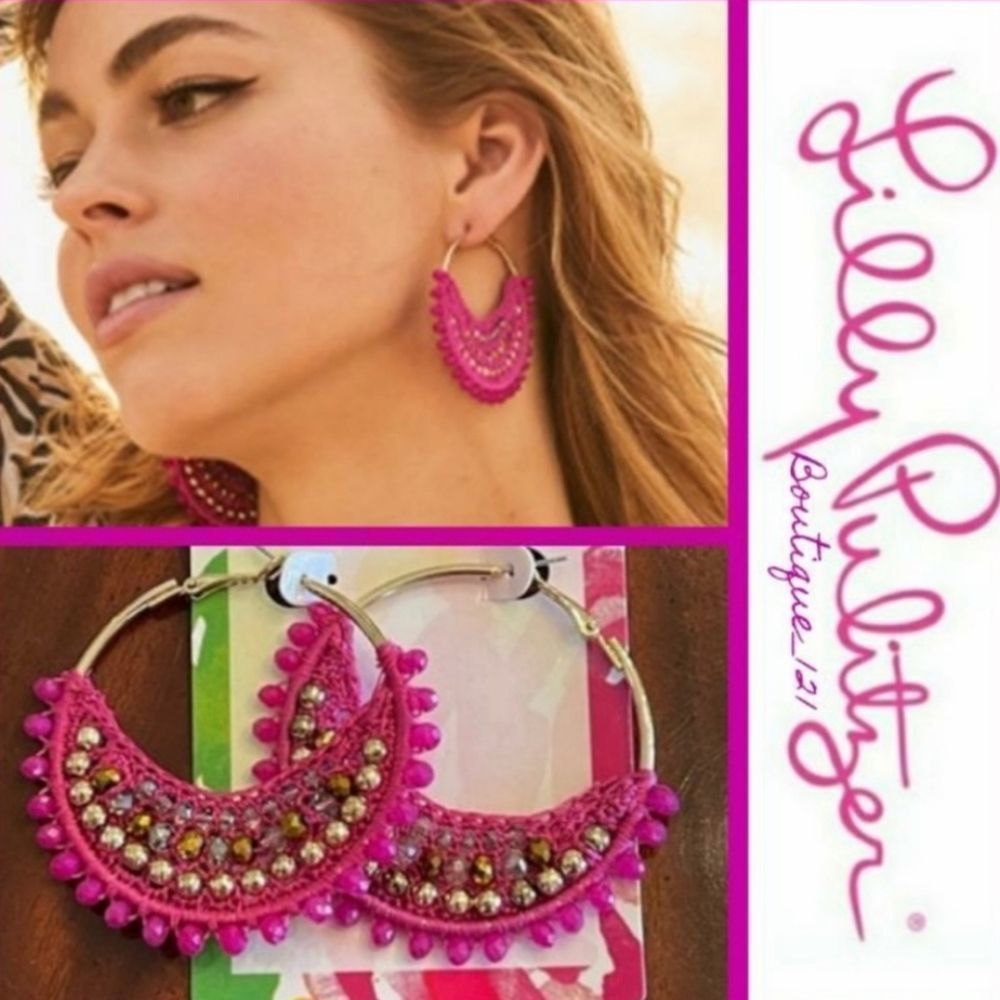 Lilly Pulitzer Hoop Statement Earrings Gold Bougainvillea Pink
